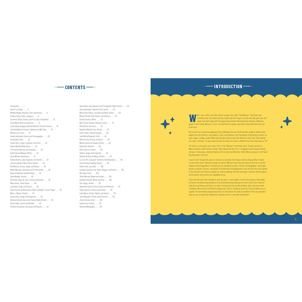 Book page with &#39;Contents&#39; on the left and &#39;Introduction&#39; on the right, featuring a yellow and blue design.