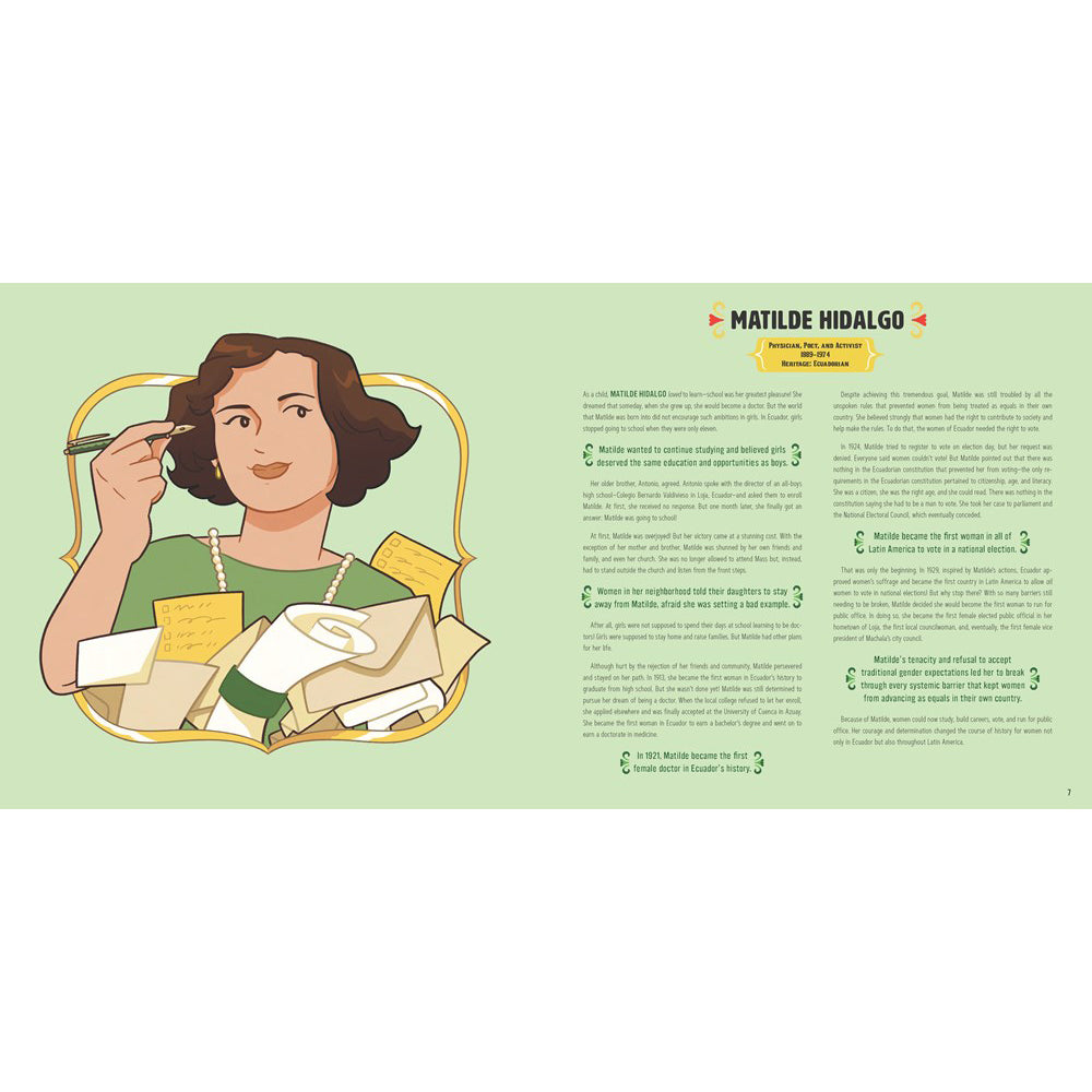 Illustration of a woman with a green apron holding a spoon, with text on a light green background.