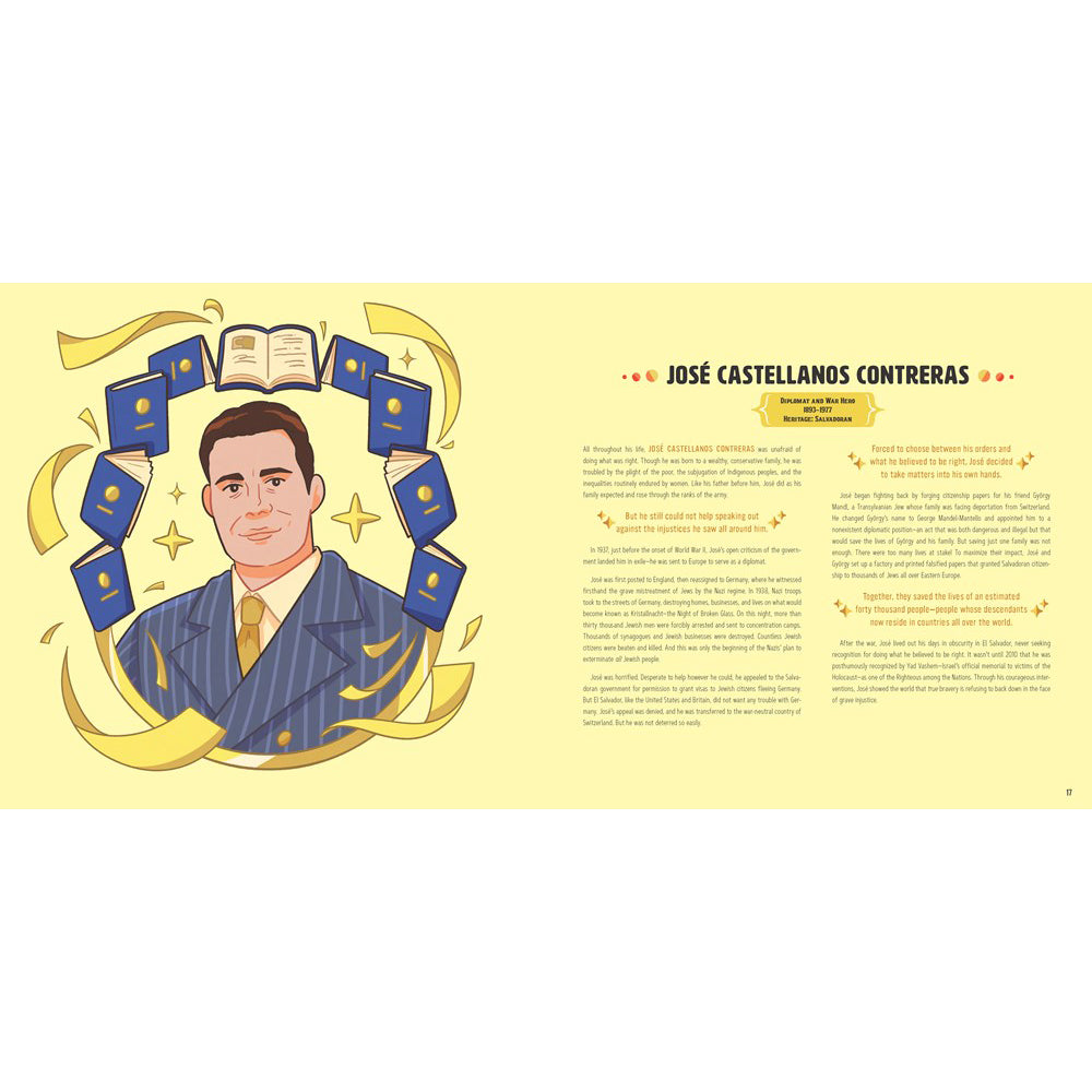 Illustration of a man in a suit with decorative elements on a yellow background, featuring text.