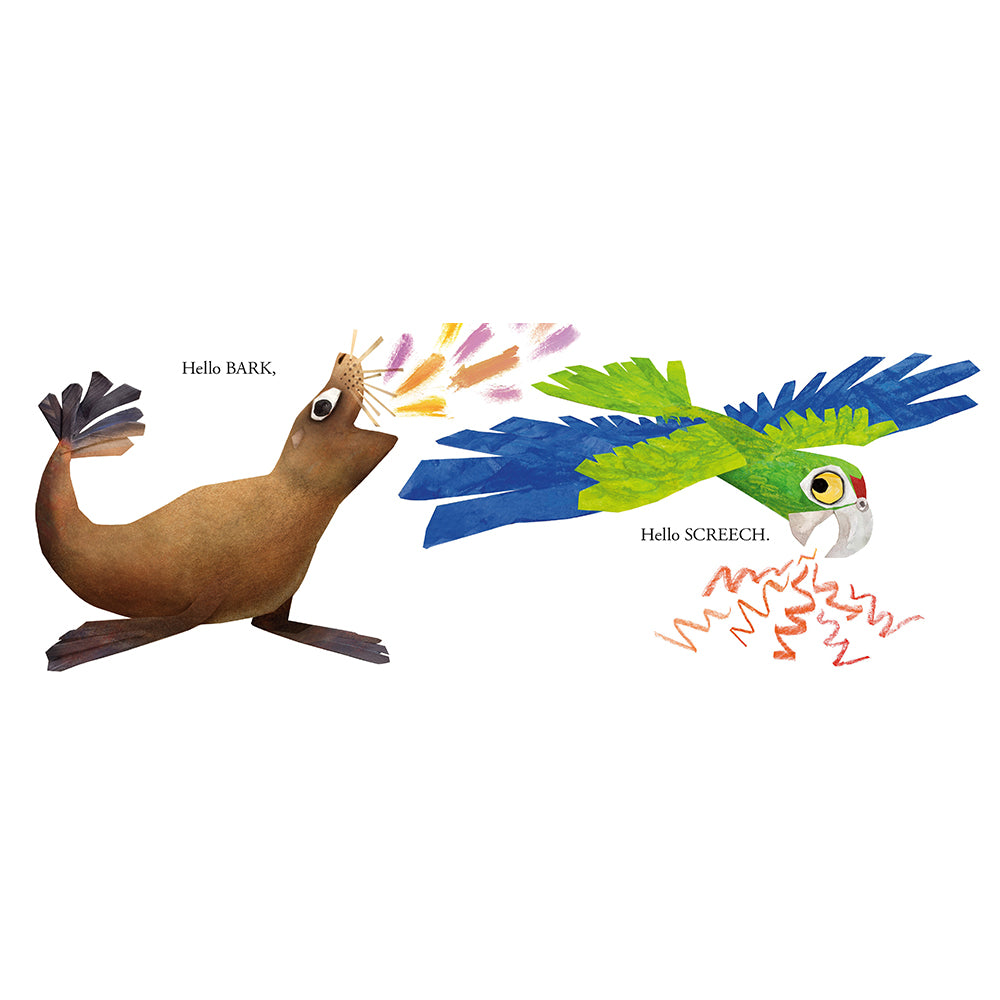 Children's book cover titled 'HELLO HELLO SOUNDS' by Brendan Wenzel, featuring colorful illustrated animals including a bee, hummingbird, fox, cat, and hippo on a white background.
