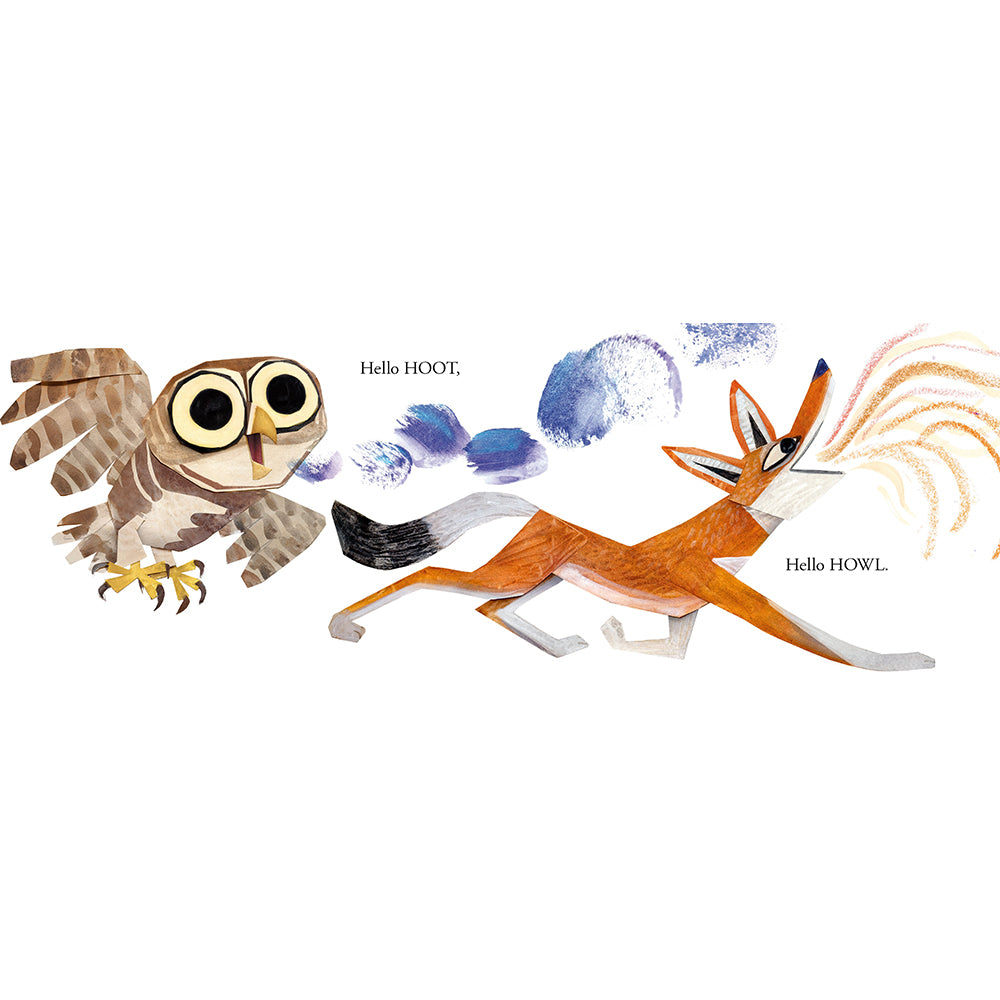 A whimsical illustration on a white background showing a brown owl on the left and an orange fox running toward it, with blue footprints between them. Small text reads 'Hello HOOOT,' and 'Hello HOWL.