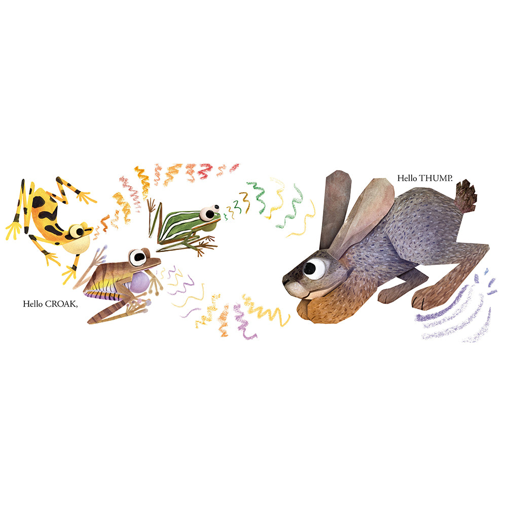 A whimsical watercolor-style illustration on a white background showing three frogs on the left and a rabbit on the right, each with handwritten labels reading 'Hello CROAK,' 'Hello THUMBLE,' and colorful squiggly lines between them.