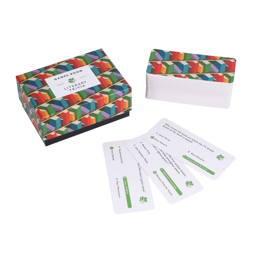 Colorful geometric-patterned card game box with cards on a white background