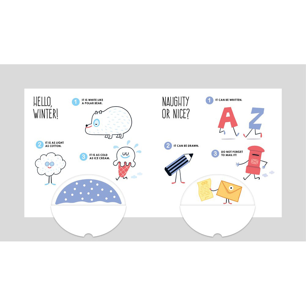 Educational poster with winter-themed questions and illustrations on a gray background