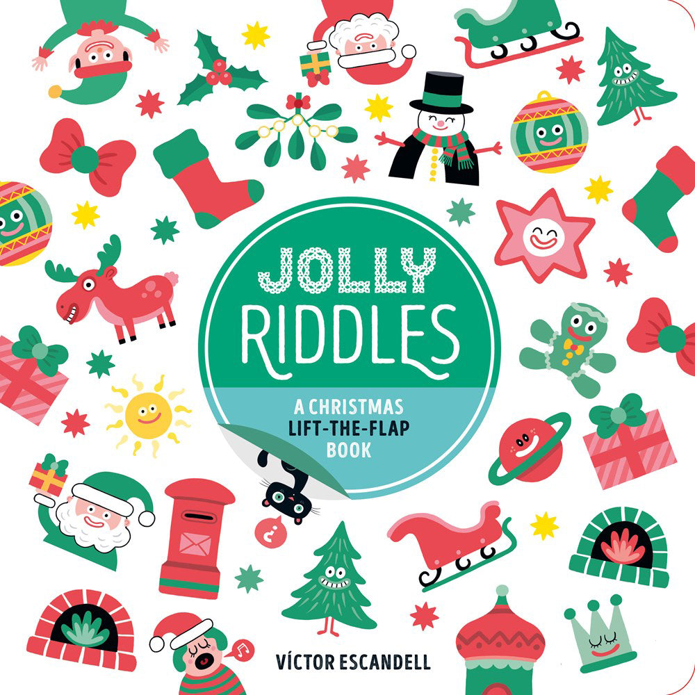Book cover of 'Jolly Riddles' with Christmas-themed illustrations and text.