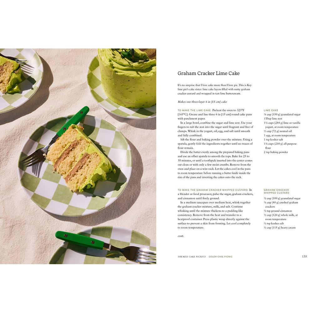 Slice of lime cake on a checkered plate with recipe text on the right.