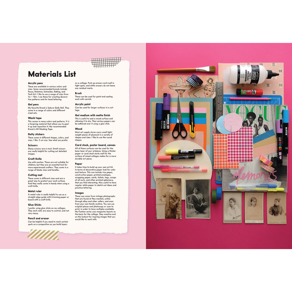 Materials list on a pink background with art supplies and images.