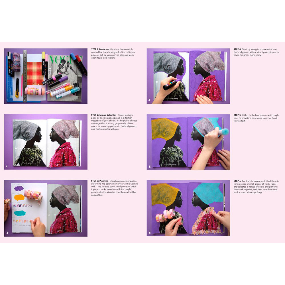 Illustrated guide with step-by-step instructions on styling hair with headscarves.