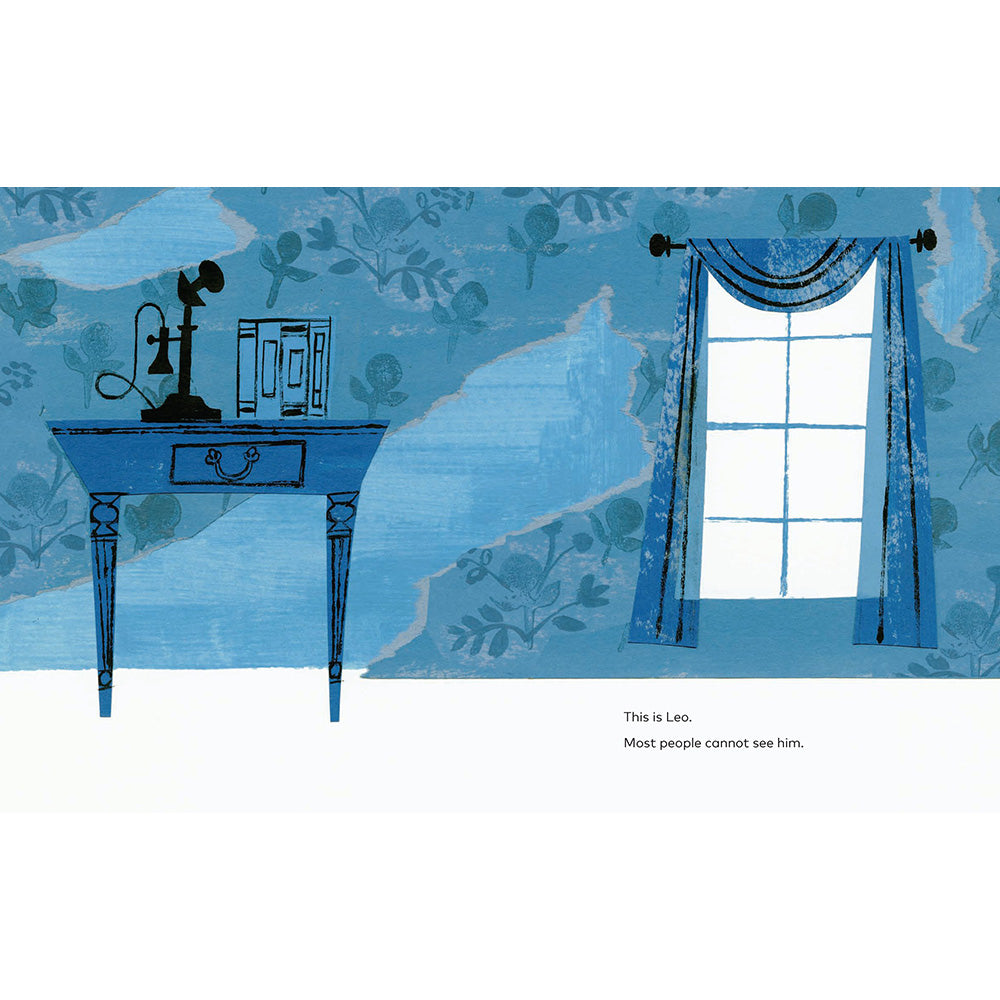 A stylized illustration of a blue interior scene with floral wallpaper, a window with curtains, a desk, and a telephone, plus small caption text at the bottom reading, 'This is Leo. Most people cannot see him.
