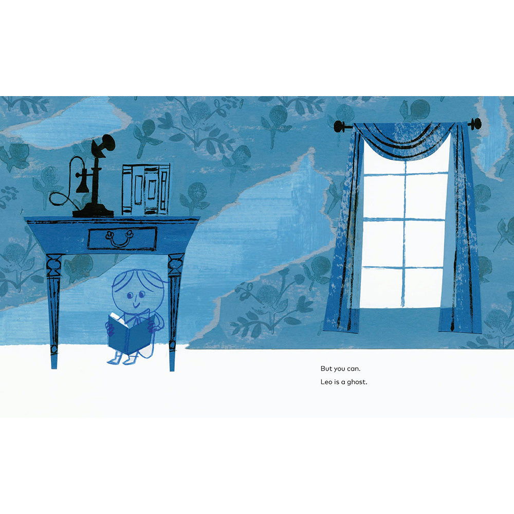 A stylized illustrated scene in blue tones showing a small child reading under a table with a telephone and books, beside a window with curtains. Small text at the bottom right reads, 'But you can. Leo is a ghost'