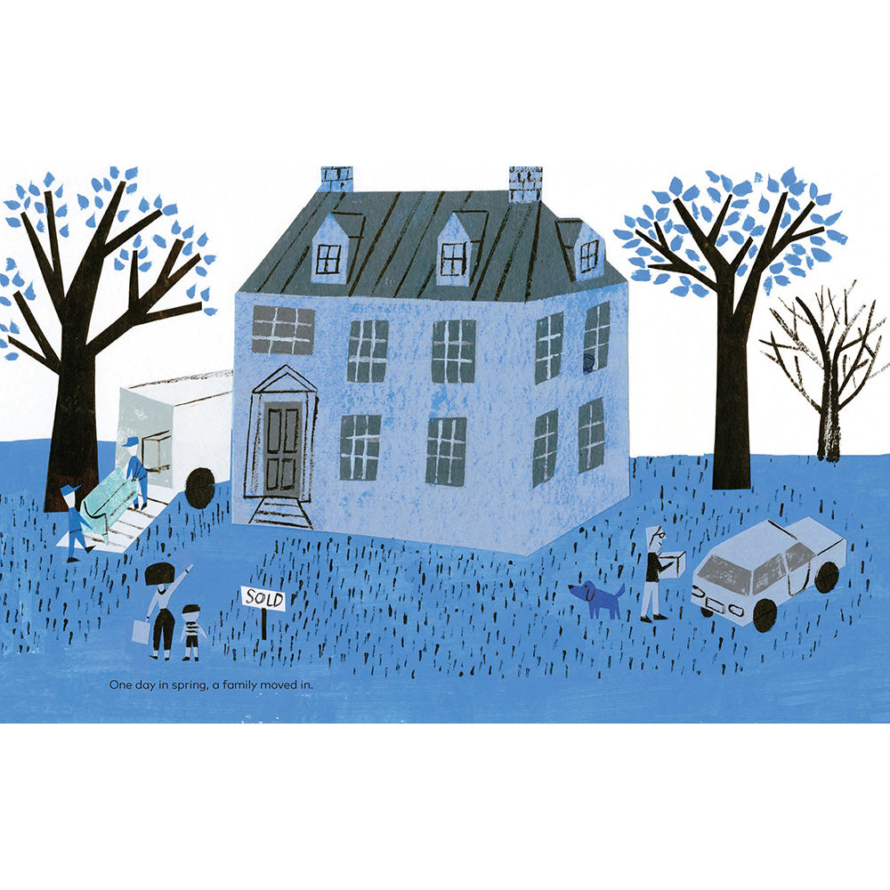A stylized illustration of a family moving into a house. The scene shows a blue house with a dark roof, leafless trees, a white truck, a white car, and small figures of people walking around the yard.