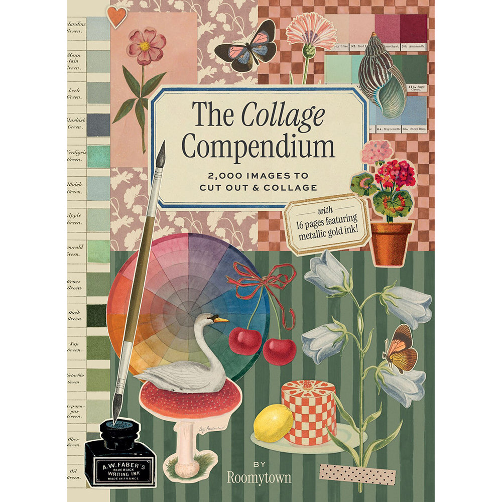 Book cover of 'The Collage Compendium' with collage elements and Roomytown branding.