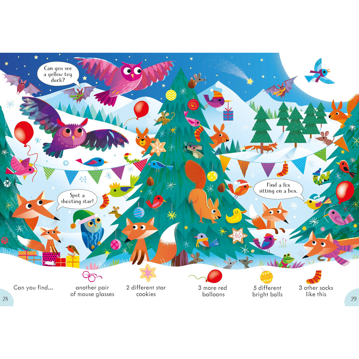 Colorful children&#39;s book page with a Christmas tree and festive animals in a snowy landscape.