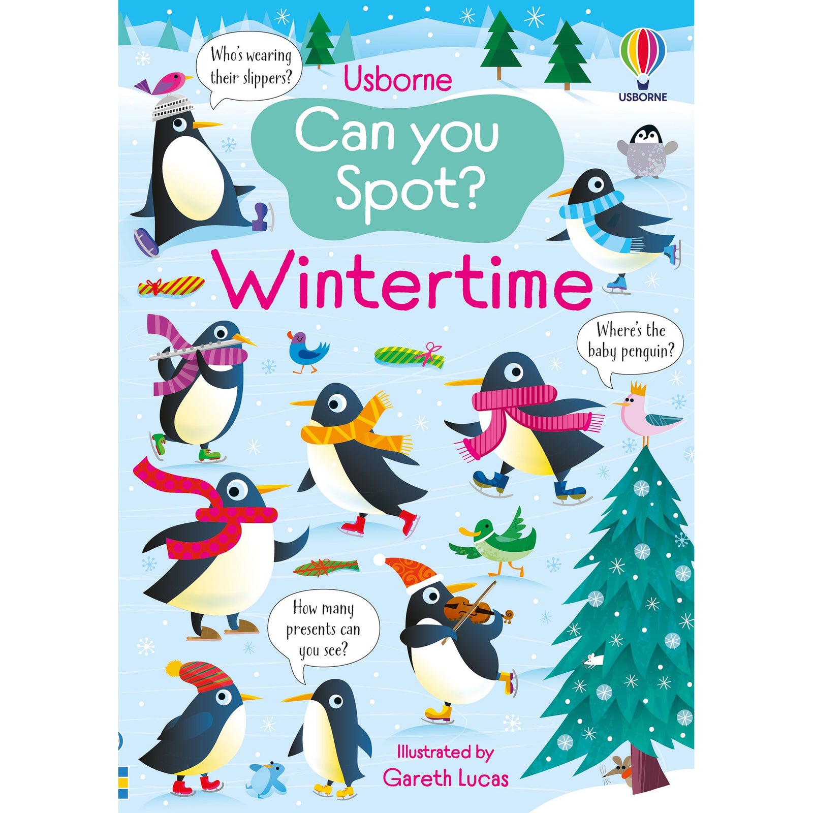Book cover of 'Can you Spot? Wintertime' by Usborne with penguins and winter elements.