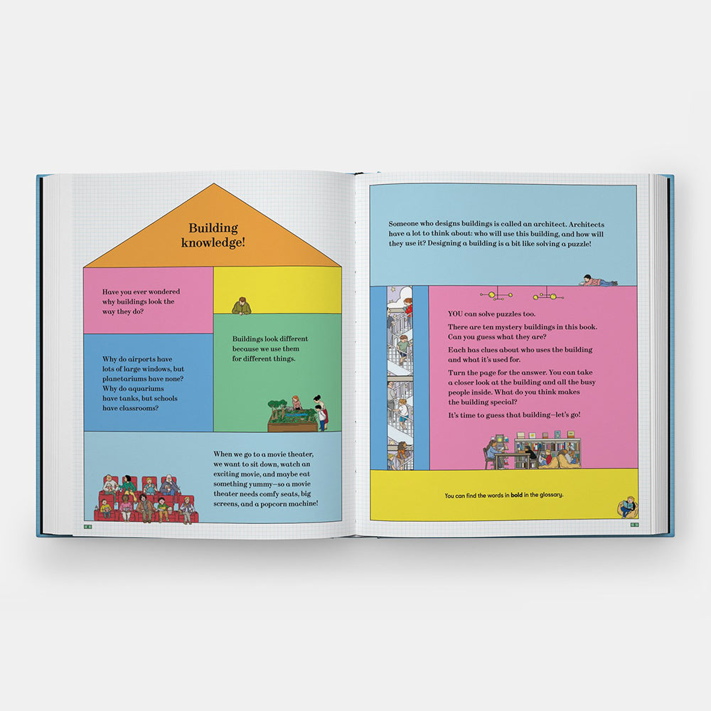 Book cover of 'What's That Building?' with a blue background and architectural illustration.