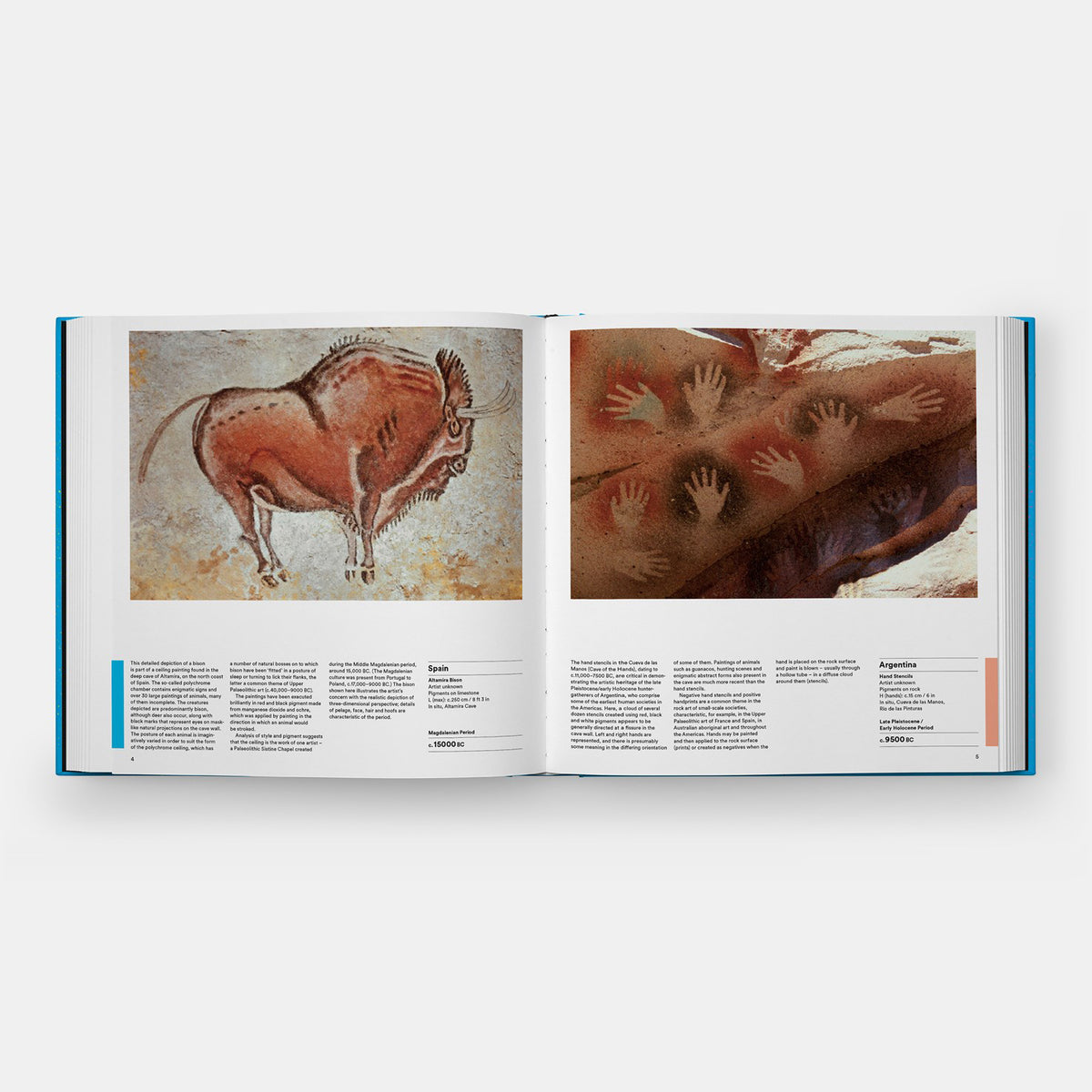 Open book showing ancient cave paintings of a bull and human figures on a white background