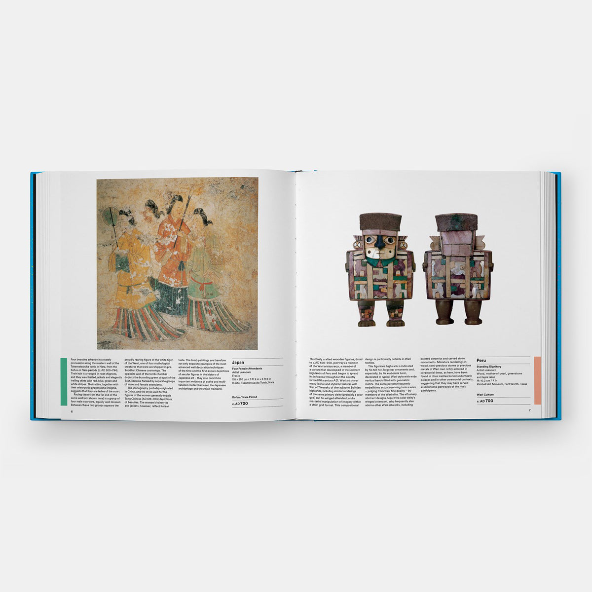 Open book showing a comparison between traditional art and modern sculpture on a white background