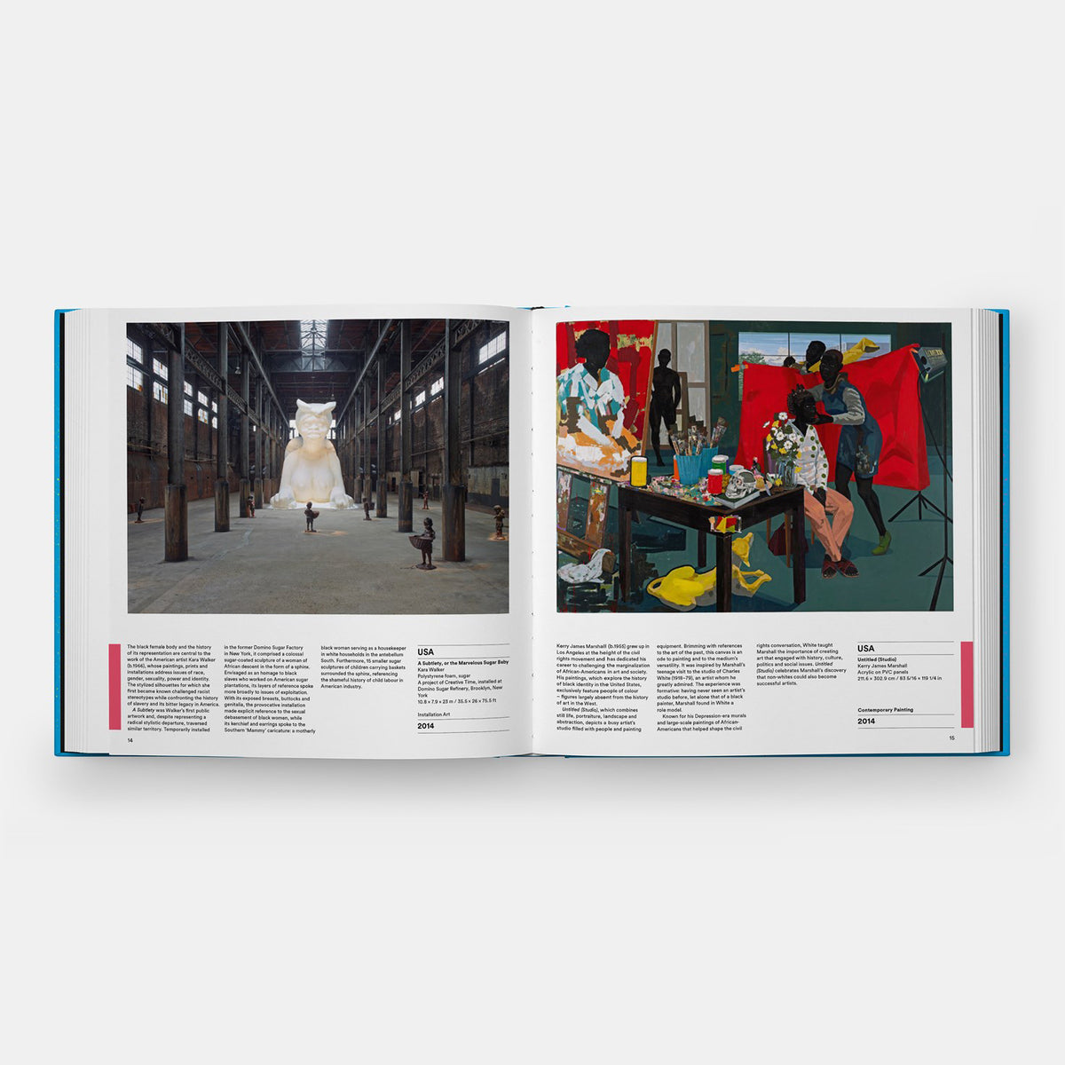 Open book showing two pages with images of an art installation and a painting.