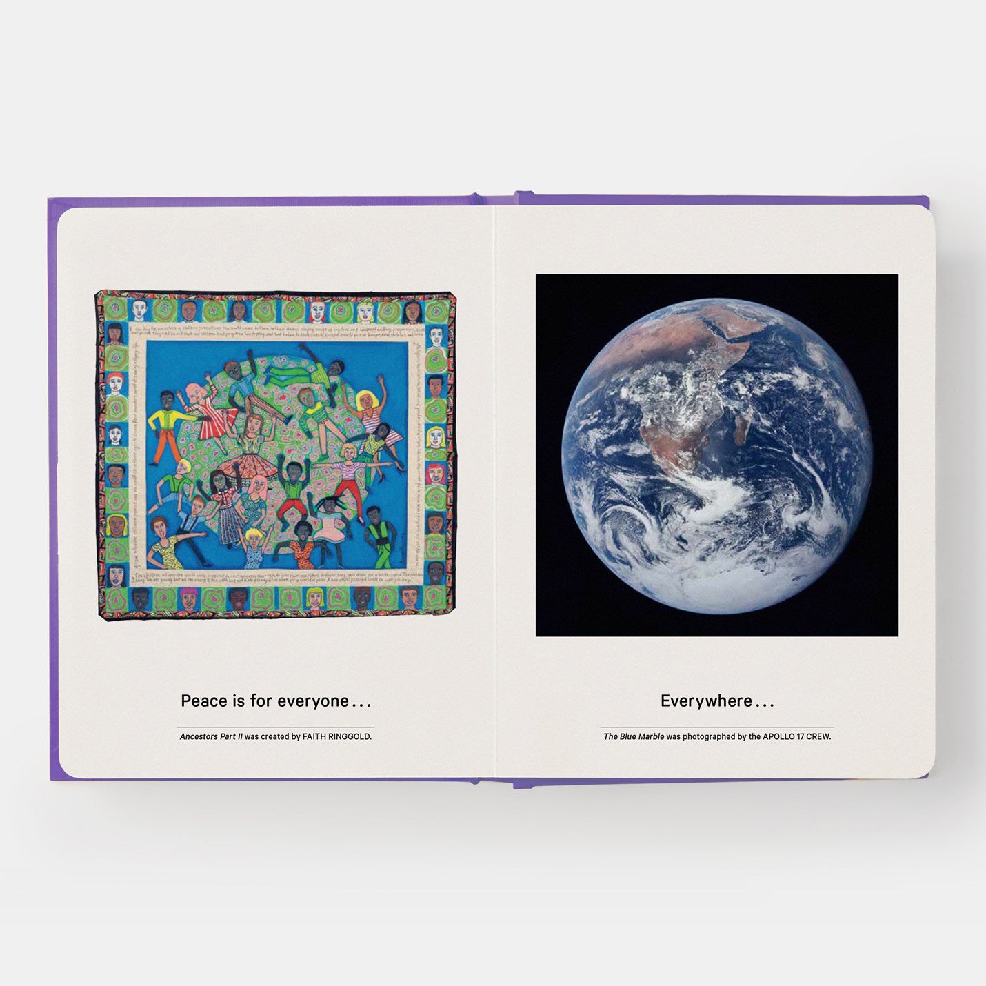 Book cover of 'My Art Book of Peace' with a hand making a peace sign on a purple background