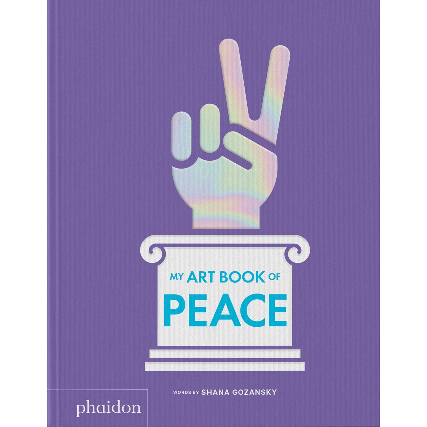 Book cover of 'My Art Book of Peace' with a hand making a peace sign on a purple background