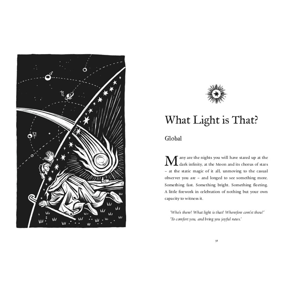 A book page with a black-and-white celestial illustration on the left and a text section on the right titled 'What Light is That?' with the word Global and a short quote.
