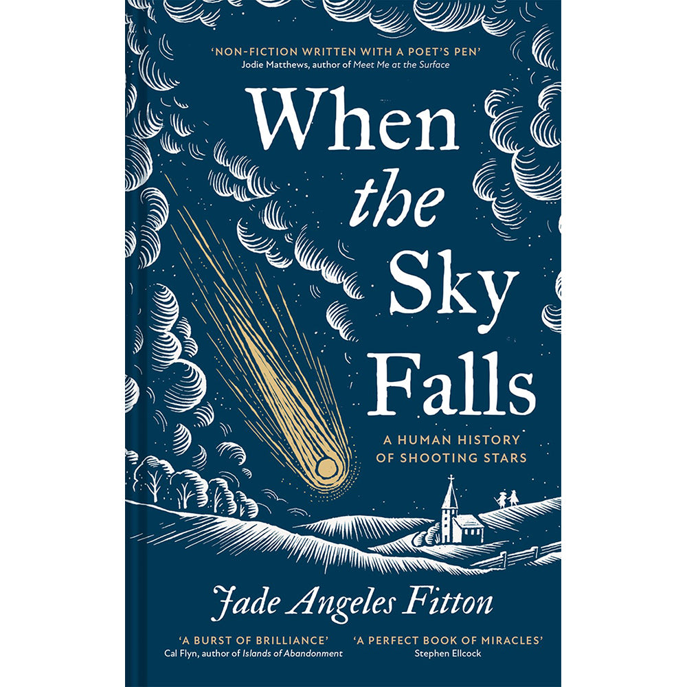 Book cover of 'When the Sky Falls' by Jade Angeles Fitton, featuring a dark blue background with white cloud illustrations, a yellow shooting star, and white typography.