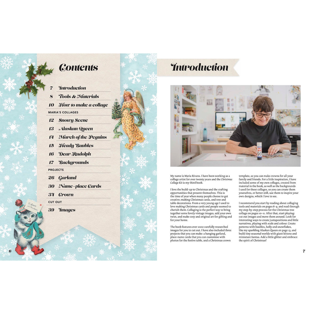 Book open to a page with a table of contents and an introduction section featuring a person at a desk.