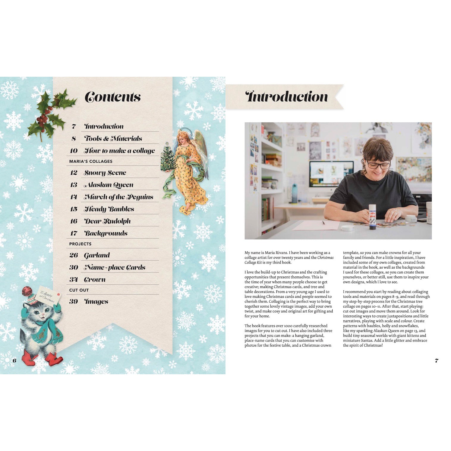 Book cover of 'Cut Up This Book Christmas Collage Kit' with festive illustrations and text.