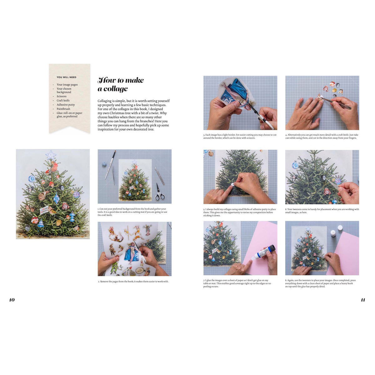 Step-by-step guide on making a collage with Christmas trees and decorations.