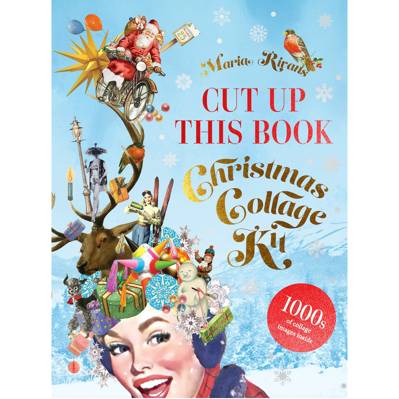 Book cover of 'Cut Up This Book Christmas Collage Kit' with festive illustrations and text.