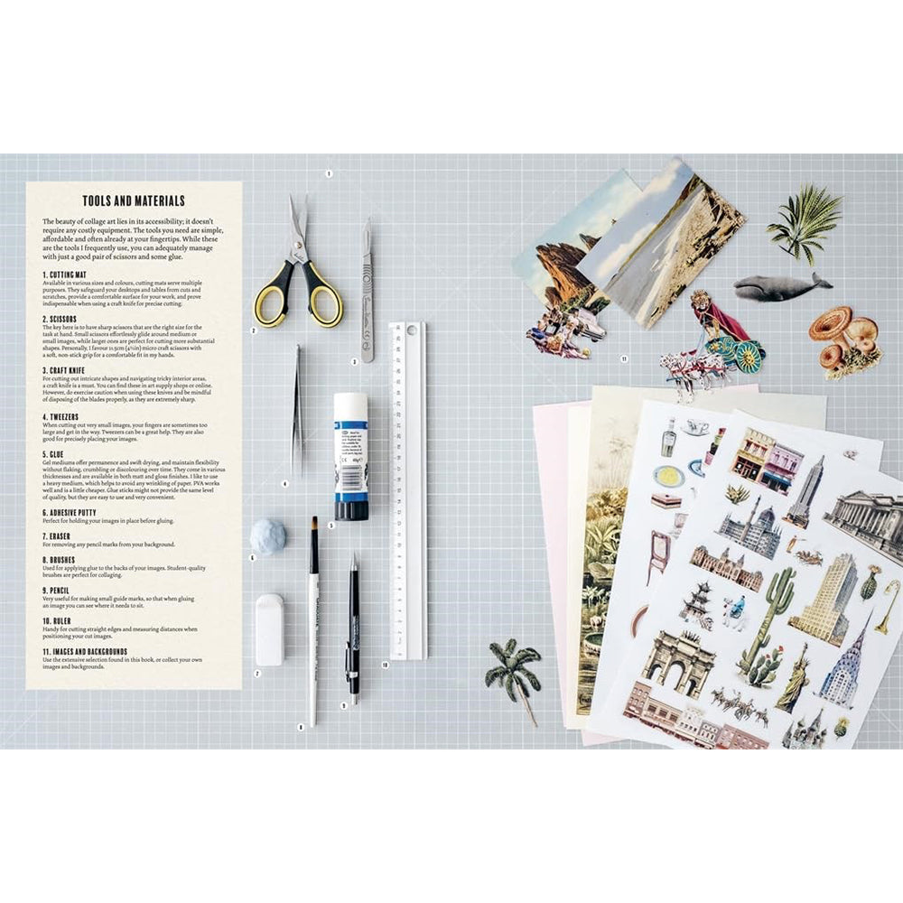 Supplies for a craft project including scissors, glue, and printed images on a gray surface.