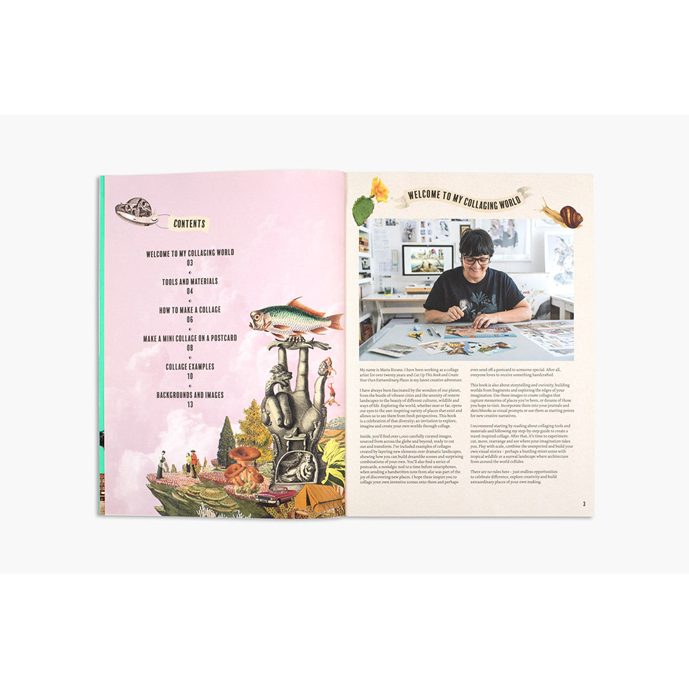 Open book showing a page with a collage of images and text on a white background