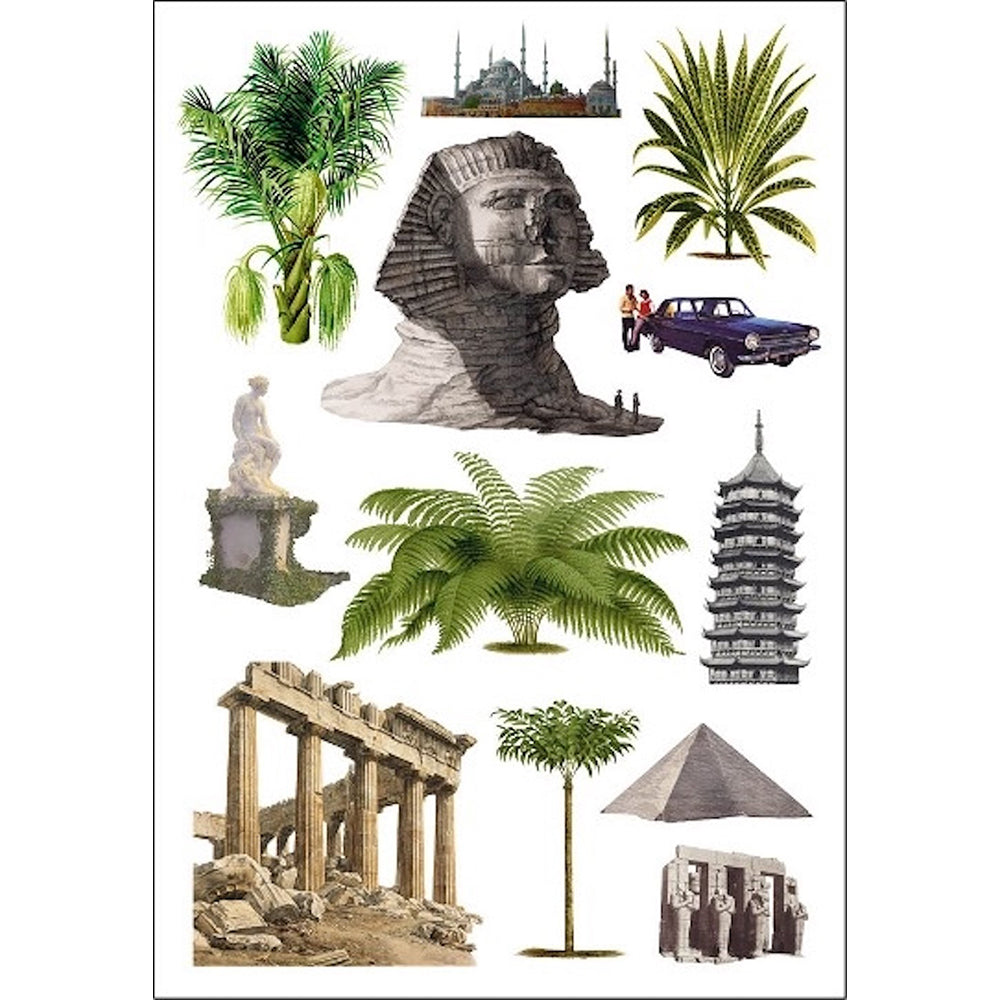 Collage of ancient architecture, palm trees, and a car on a white background