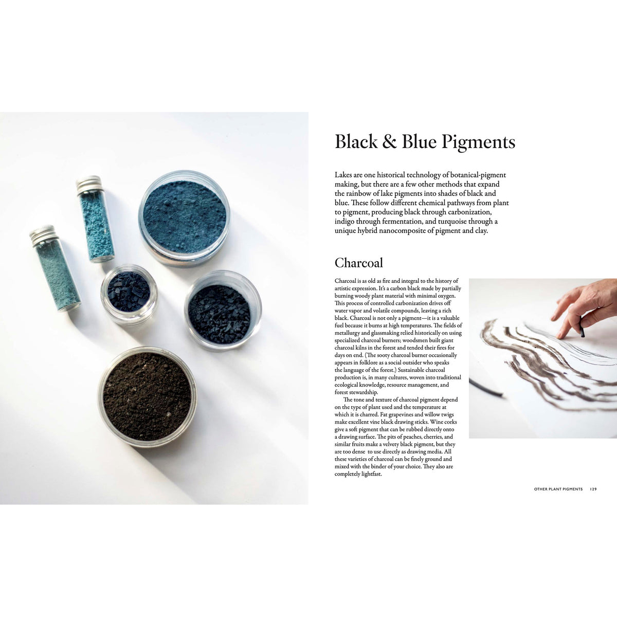 Black and blue pigments in containers on a white surface with text about charcoal.