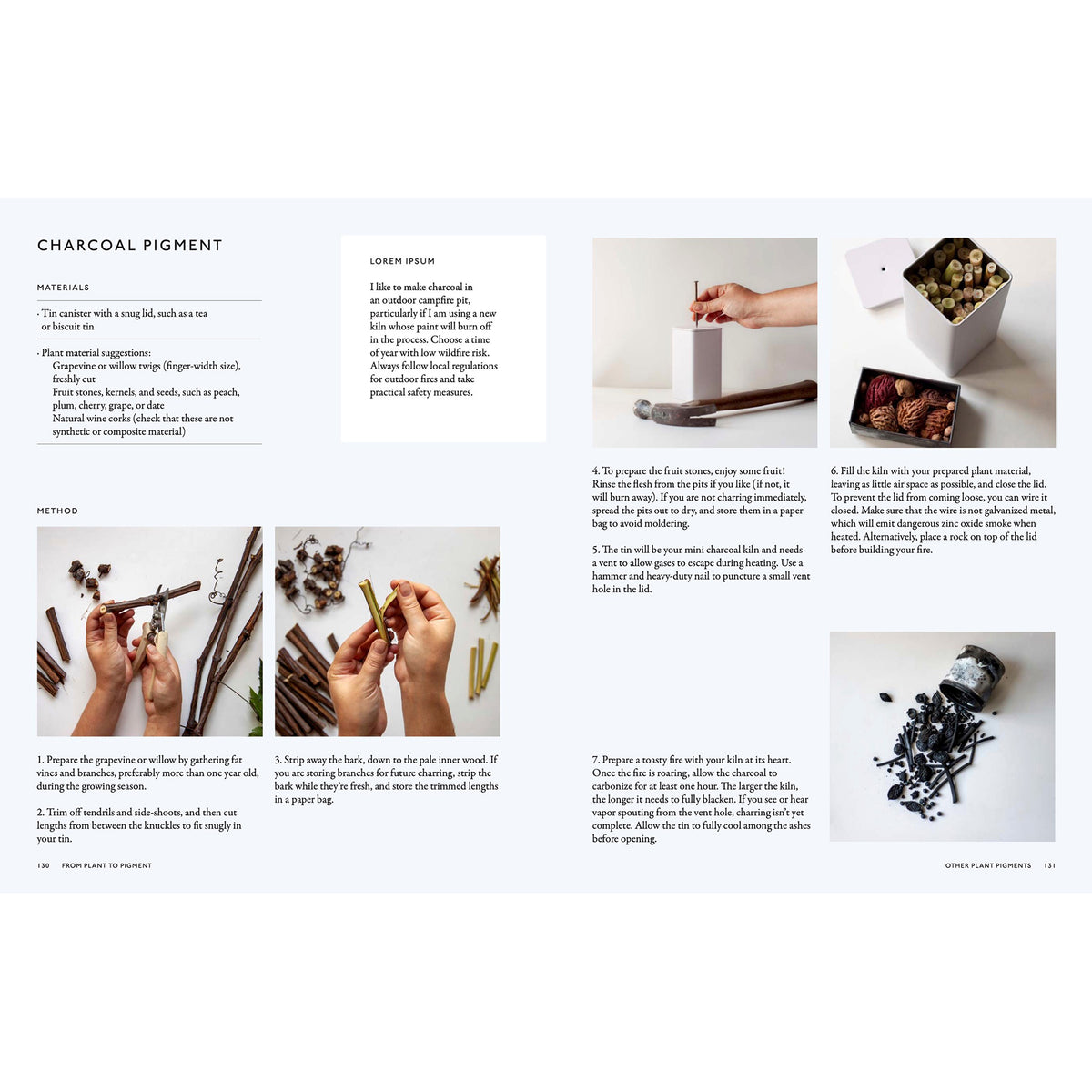 Book page with instructions on charcoal pigment preparation, showing hands and materials.