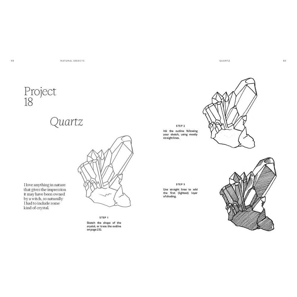 Illustrations of quartz crystals with text on a white background
