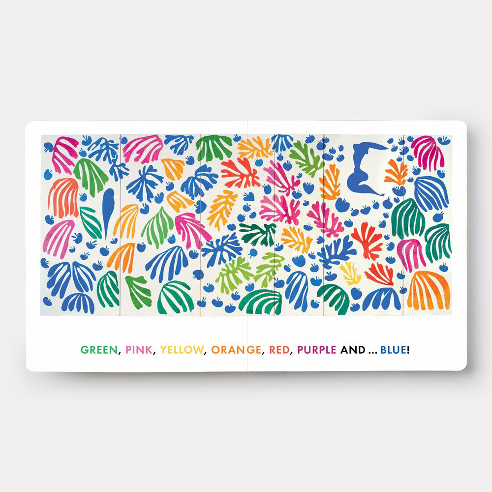Cover of the board book 'Blue & Other Colors with Henri Matisse' featuring a colorful abstract cut-out design by Henri Matisse on a blue background.