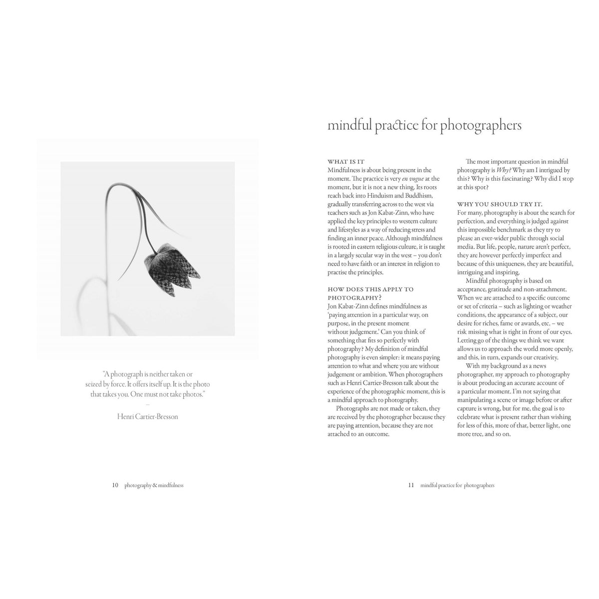Book page with a black and white photograph of a drooping flower and text on mindful practice for photographers.