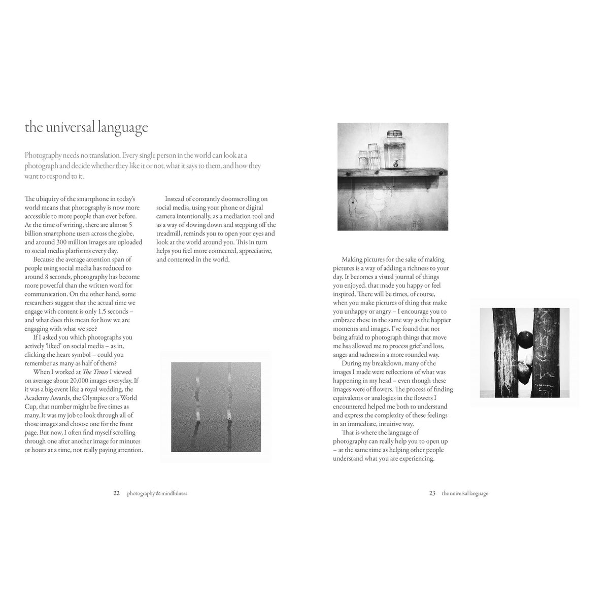 Page from a book with black and white photographs and text on a white background.