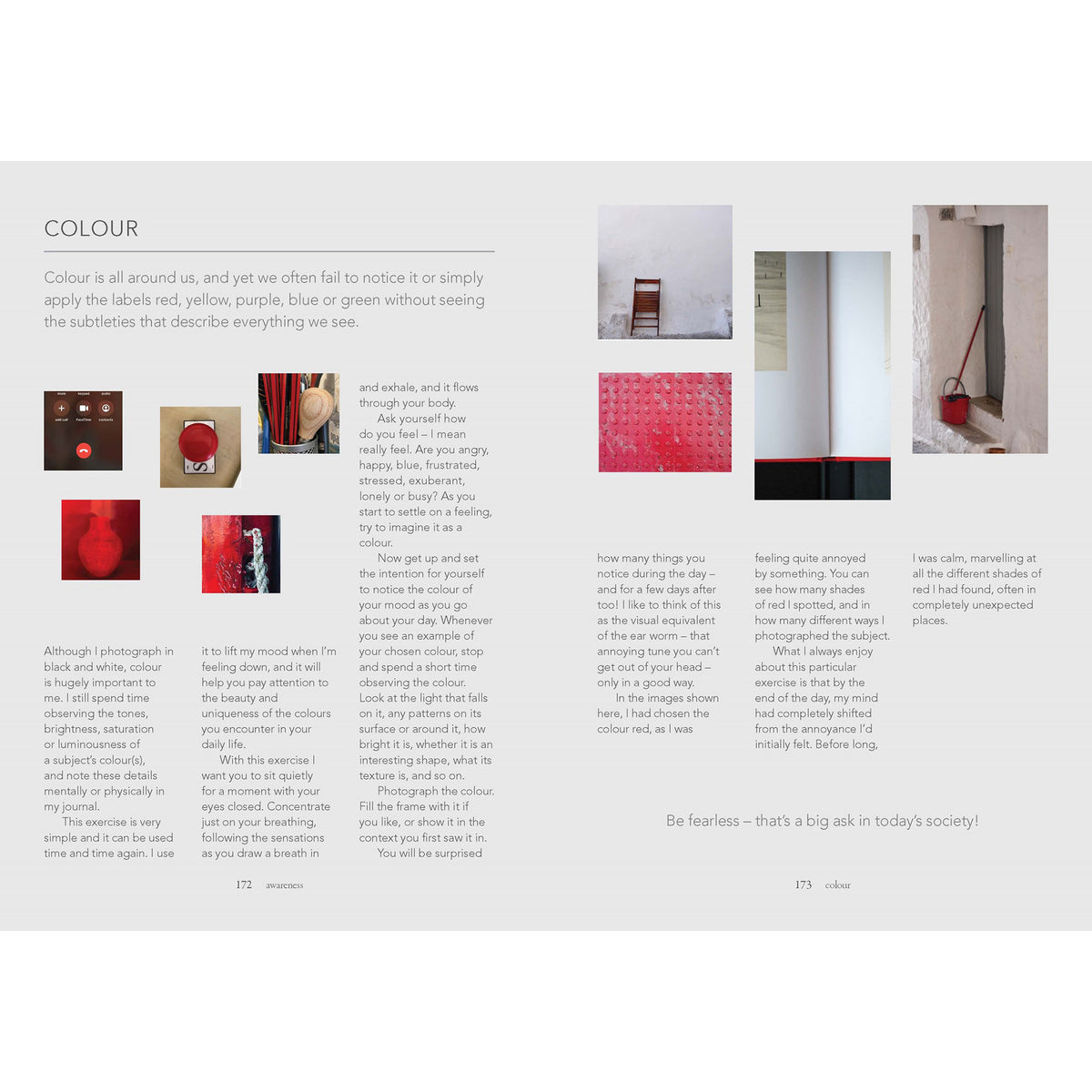 Page from a book with text and color swatches, featuring images of rooms and objects.