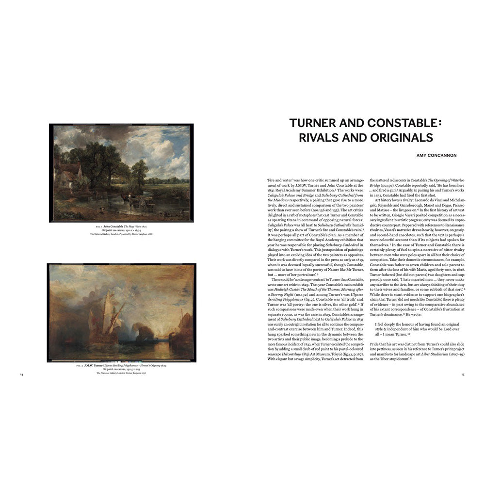 A printed book page with two small landscape paintings on the left and a title on the right reading 'TURNER AND CONSTABLE: RIVERS AND ORIGINALS' with author name Amy Concannon and columns of text.