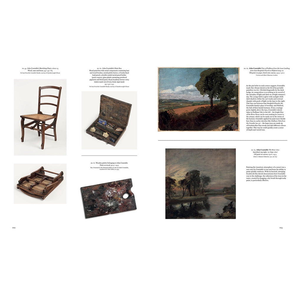 A two-page spread from an art history book or catalog, showing several paintings and objects with captions and text. The left page includes a wooden chair, an open painted case, and a painter's palette.