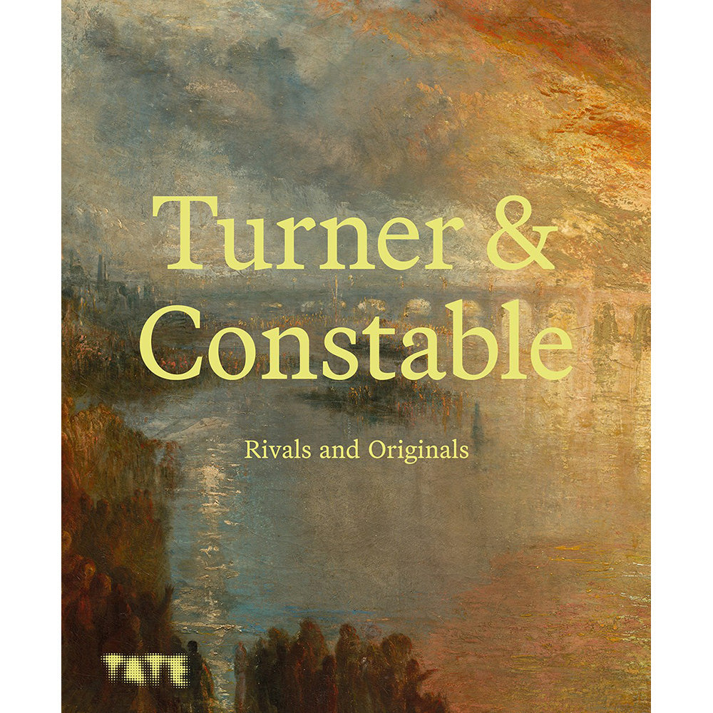 Book cover for 'Turner & Constable: Rivals and Originals' featuring a soft, impressionistic landscape painting in warm brown, gold, and blue tones, with the title in large yellow text and the Tate logo at the bottom.