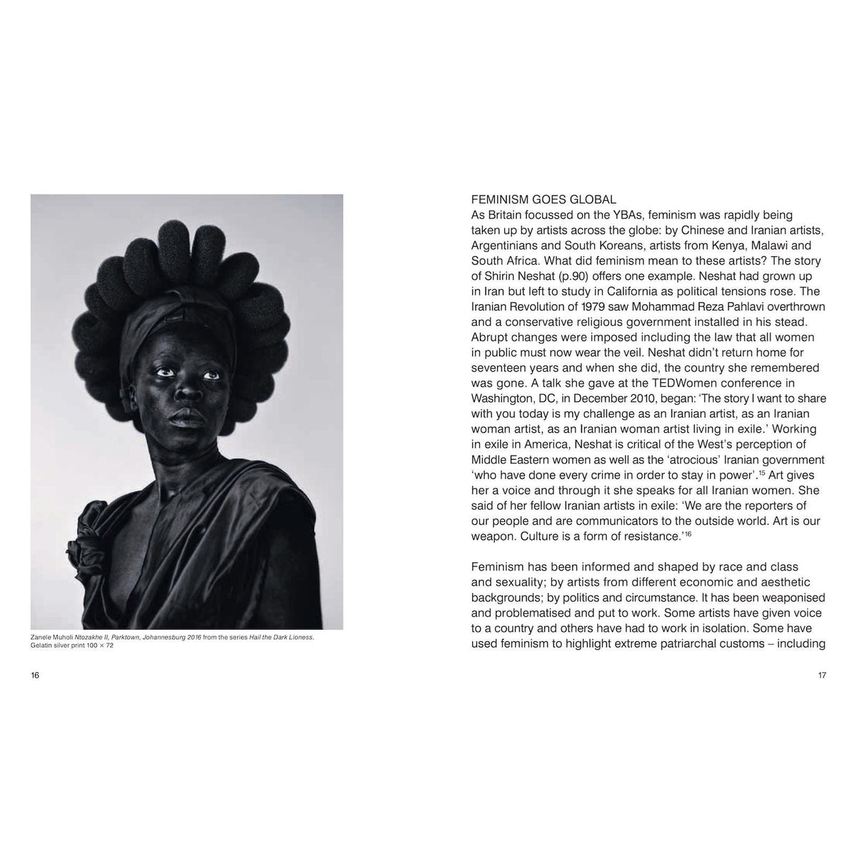 Black and white photo of a woman with a headscarf in a magazine layout with text about feminism.