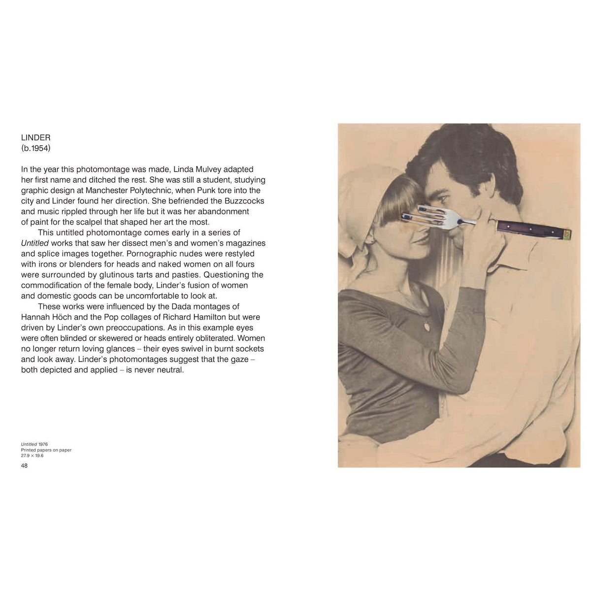 Illustration of a woman being painted by a man with text on the left