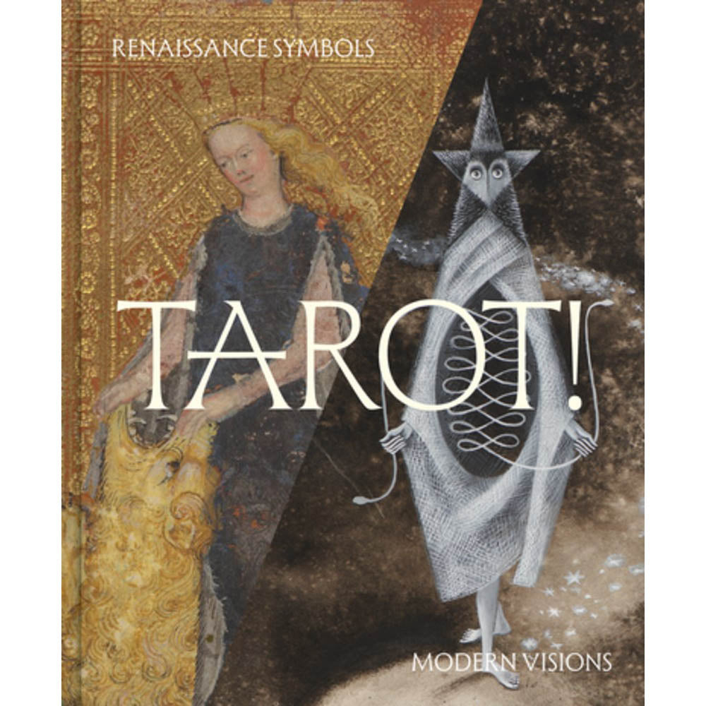 Book cover of 'Renaissance Symbols Tarot! Modern Visions' with illustrations of a woman and a star-shaped figure.