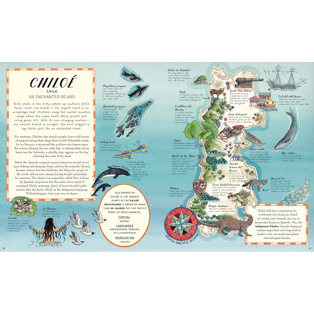Map of Chiloé with illustrations and text on a light blue background