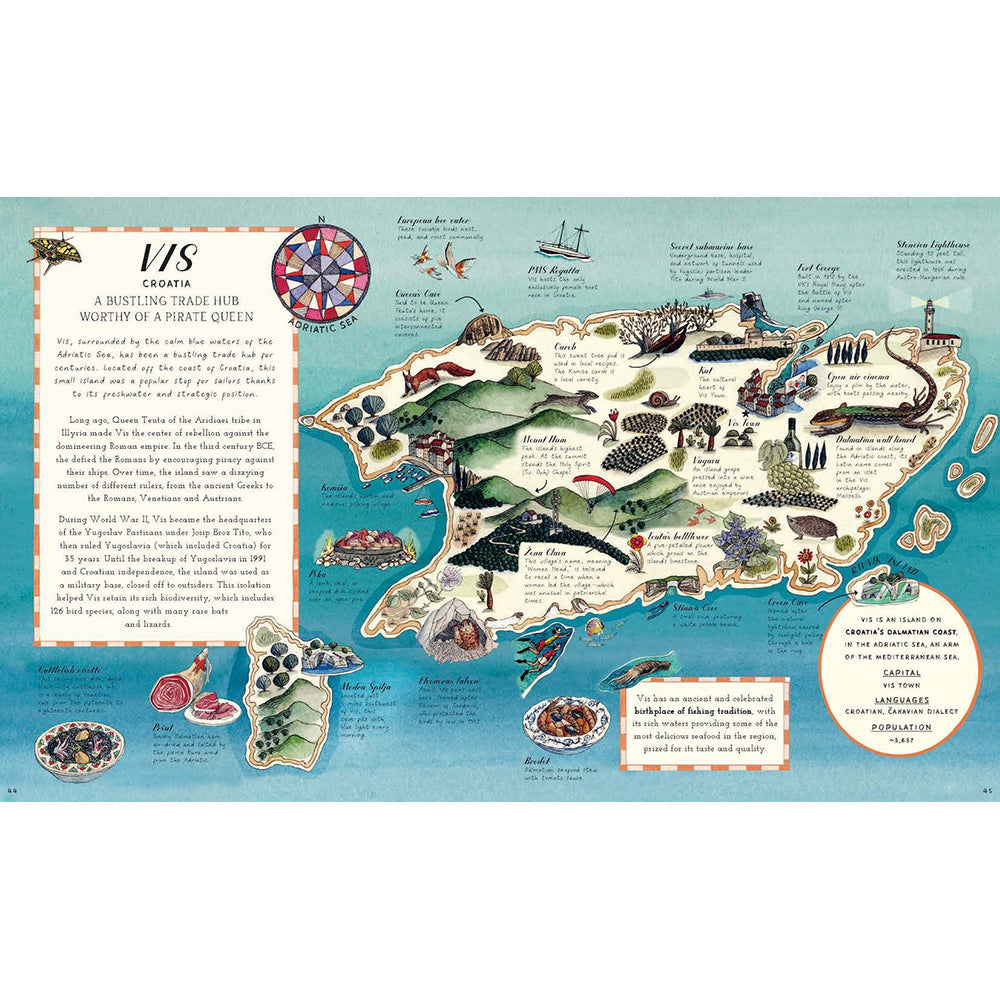 Illustrated map of Vis Island with various elements and text on a blue background