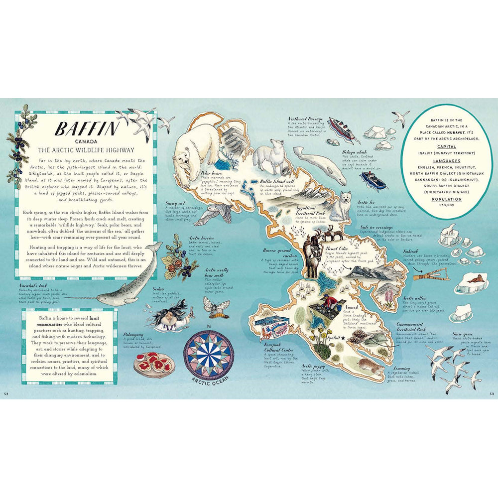 Map of Baffin Island, Canada with illustrations of animals and text on a blue background