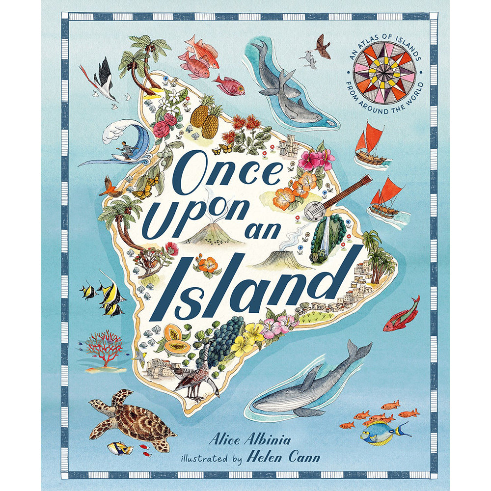 Book cover of 'Once Upon an Island' with illustrations of an island and its inhabitants.